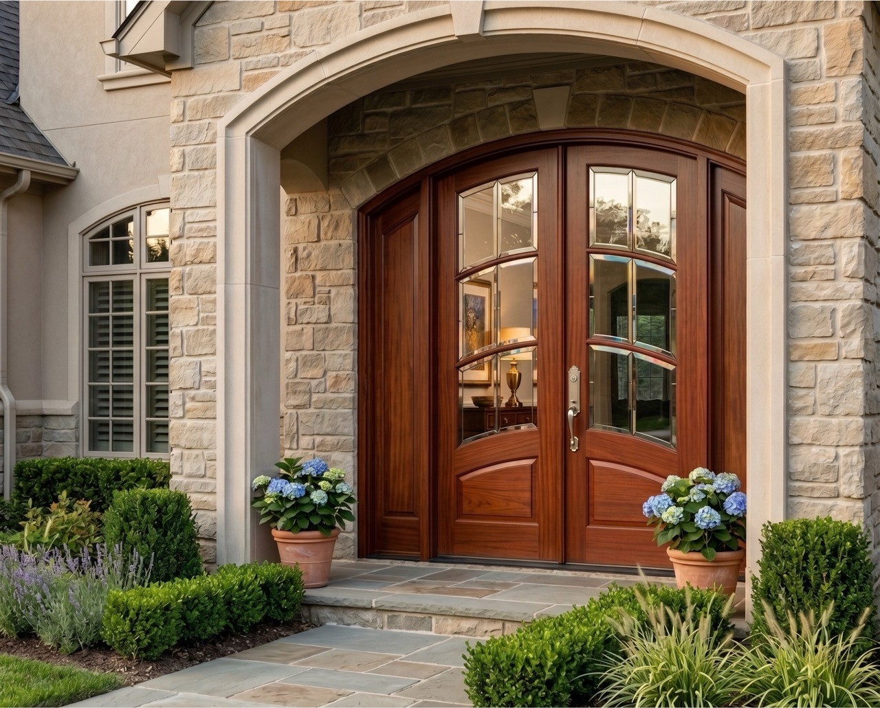 Charming brick house exterior with lush green ivy covering the walls, featuring a large wooden window, elegant wrought iron balcony, and a well-maintained garden in the foreground.