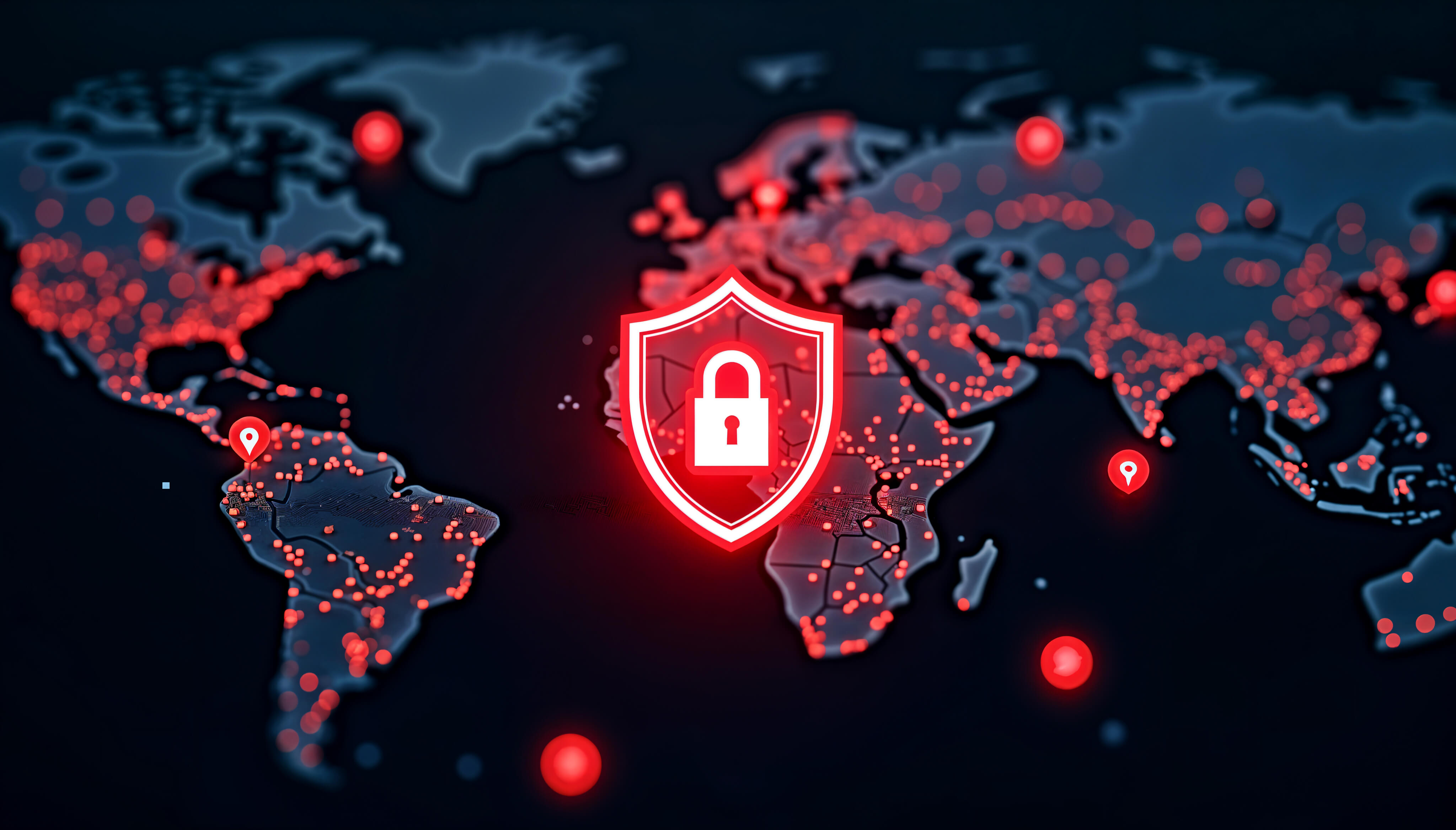 A global map showing cybersecurity data points and red location markers with a prominent red shield and padlock icon in the center.