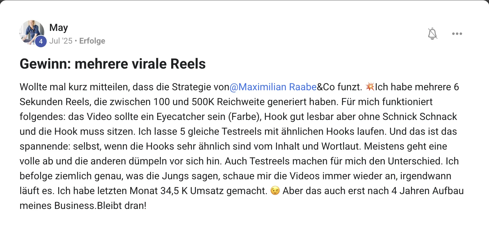 Erfahrungsbericht KI Creator Akademie: May erzielt virale Reels und 34.500 Euro Monatsumsatz