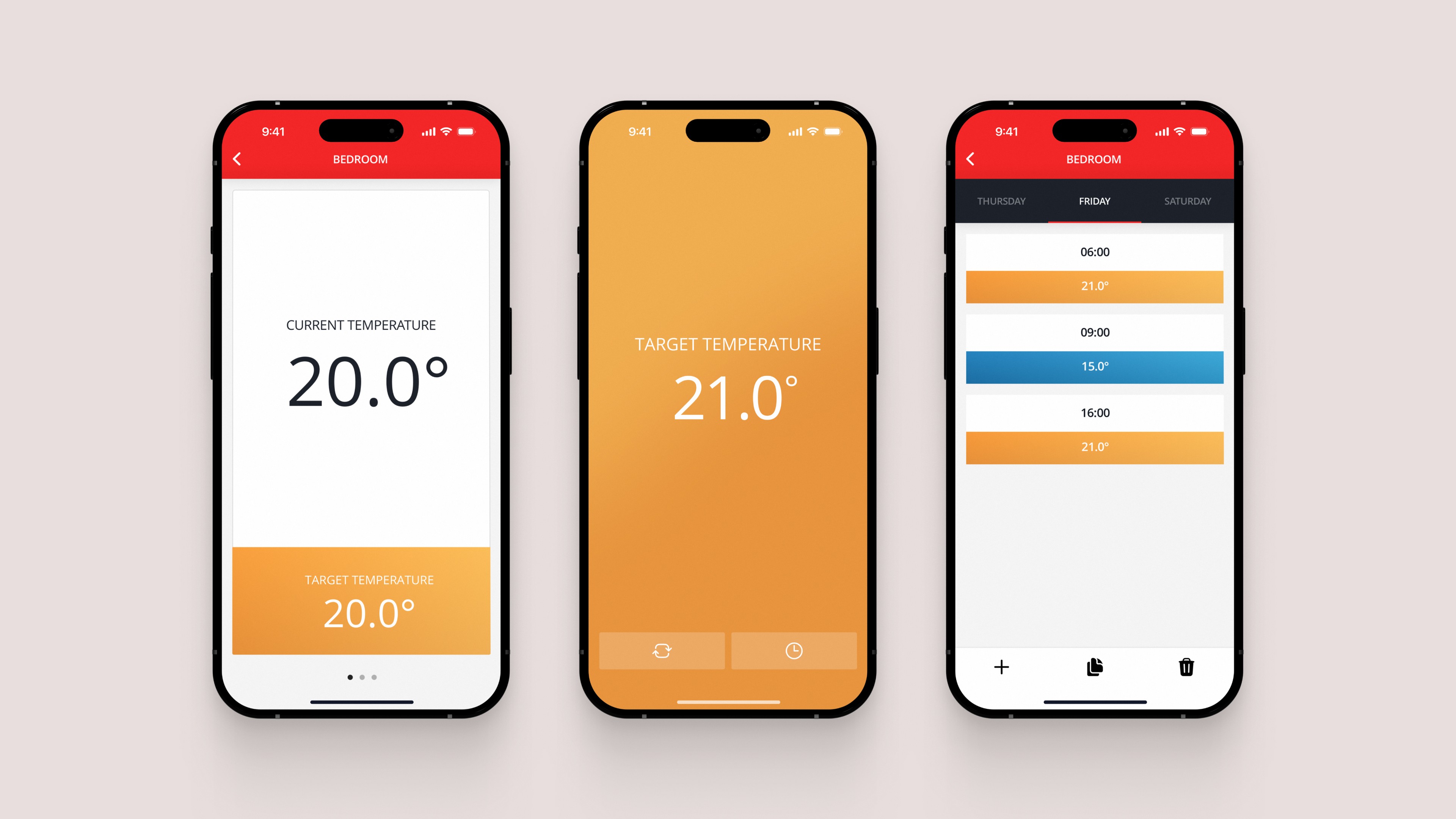 Three smartphones showing Honeywell smart heating interface: current temperature, target temperature and schedule setup