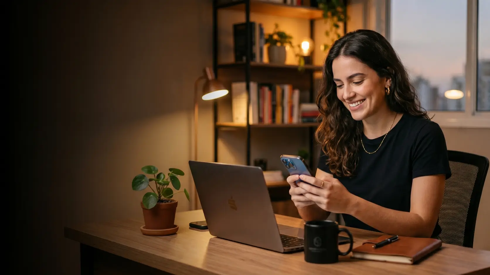 Mulher alegre vendo que conseguiu vender pelo seu celular