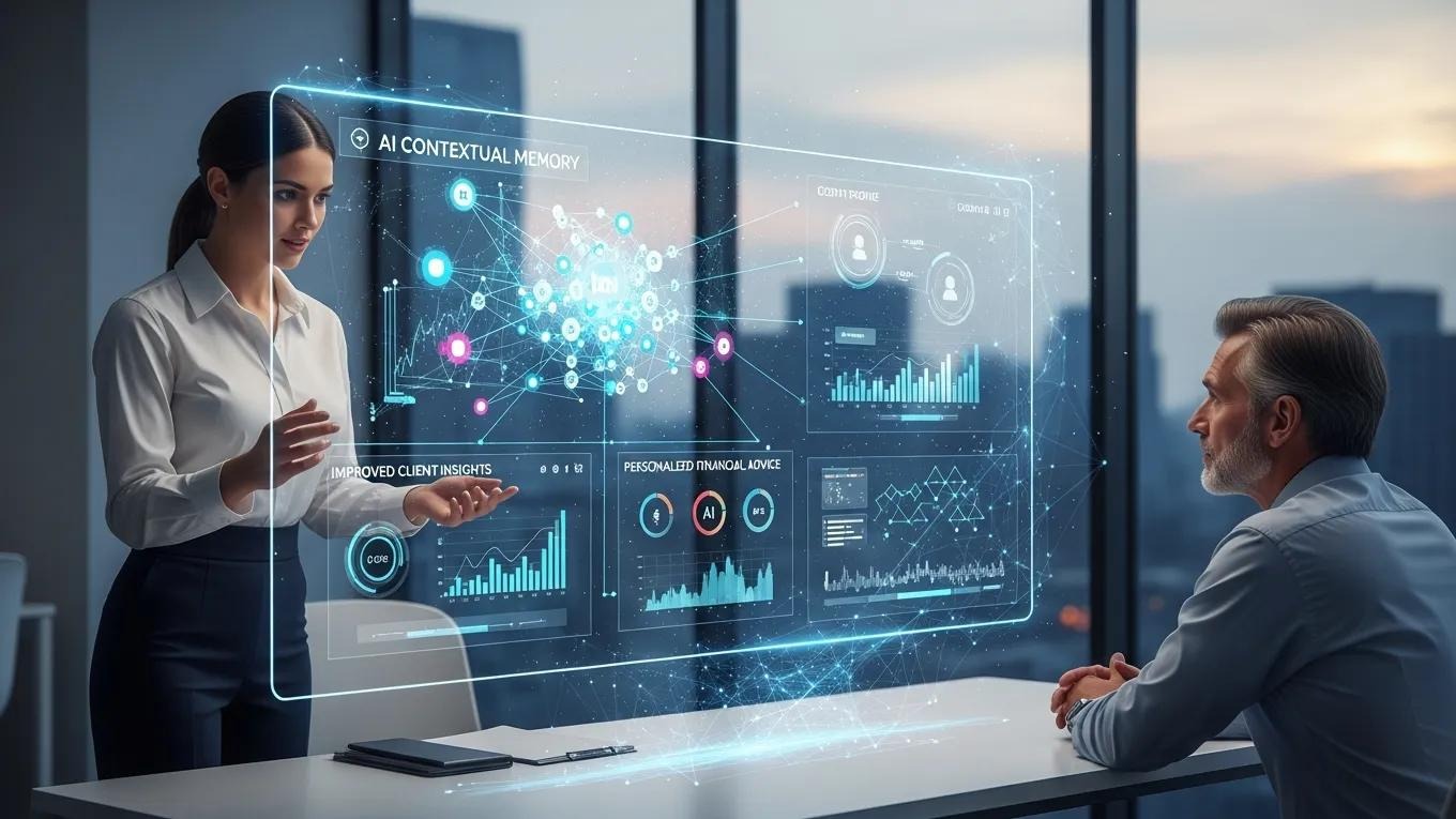 Financial advisor interacting with a client showcasing AI contextual memory benefits through data visualization tools