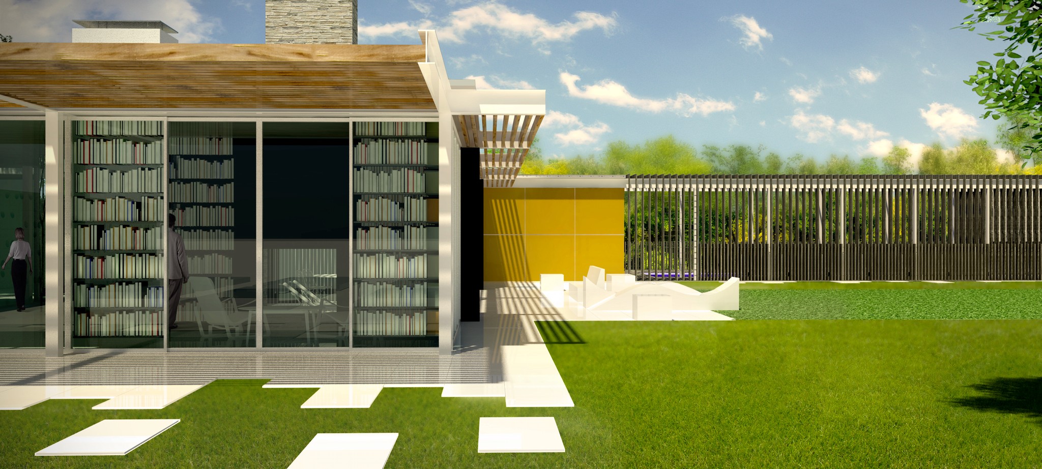 HAUS by IMaestri Group: Exterior view of the modern residence with a prominent glass-walled volume and integrated green exterior living space.