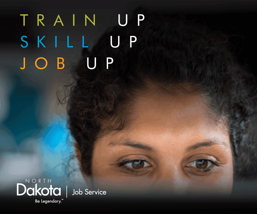 Static ad to train up with woman looking at computer screen