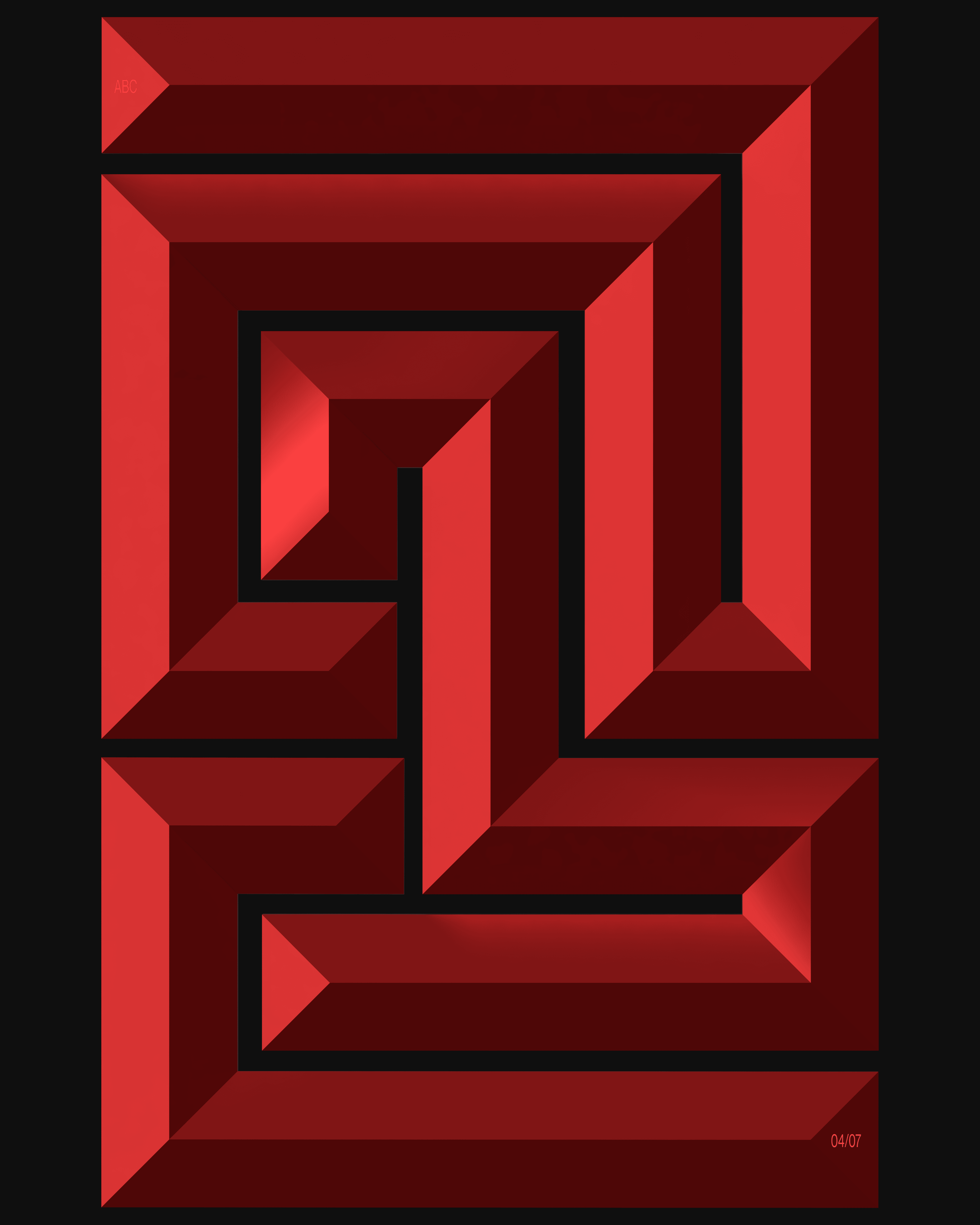 red 3D text on black background