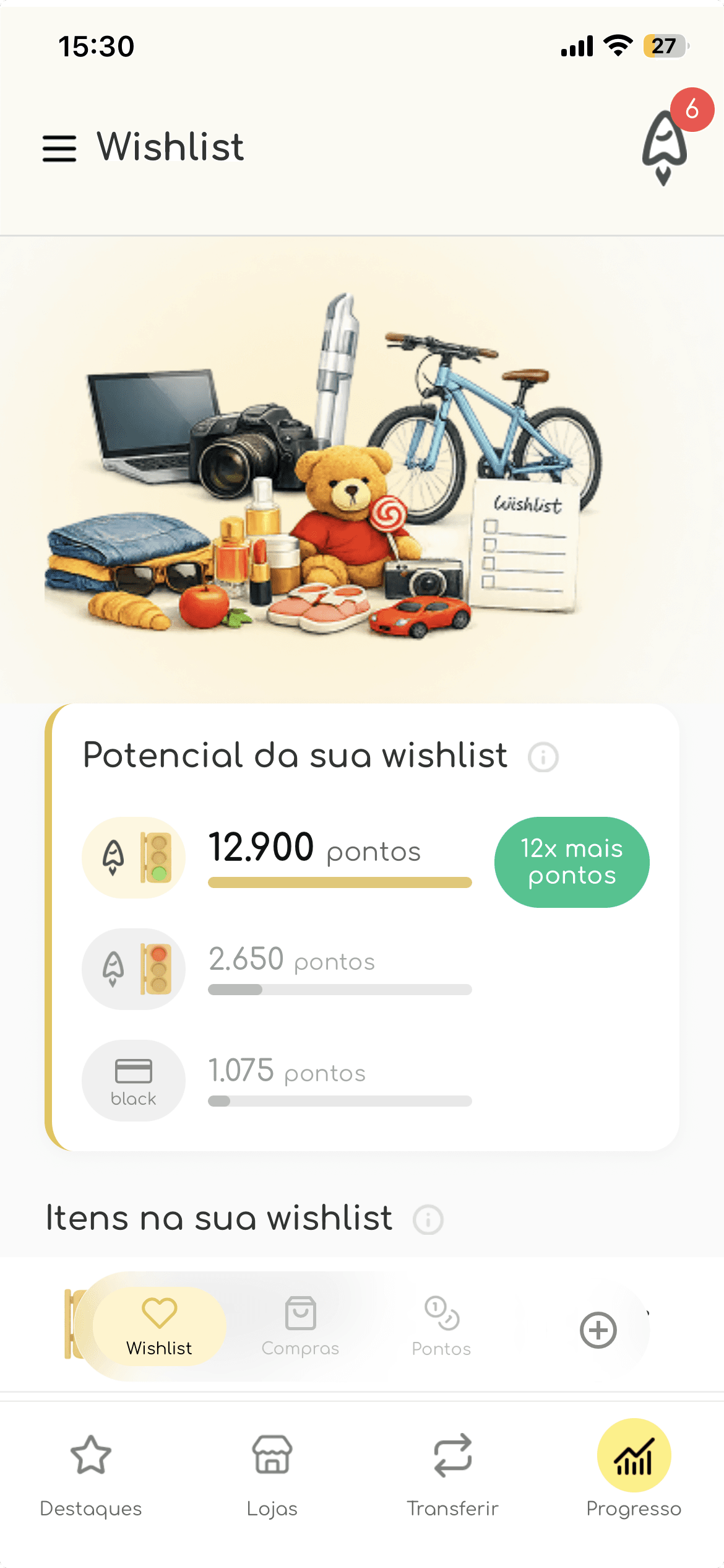 Tela da wishlist do AceleraPontos comparando o potencial de pontos das compras do dia a dia pelo app, pelo semáforo vermelho e pelo cartão black.