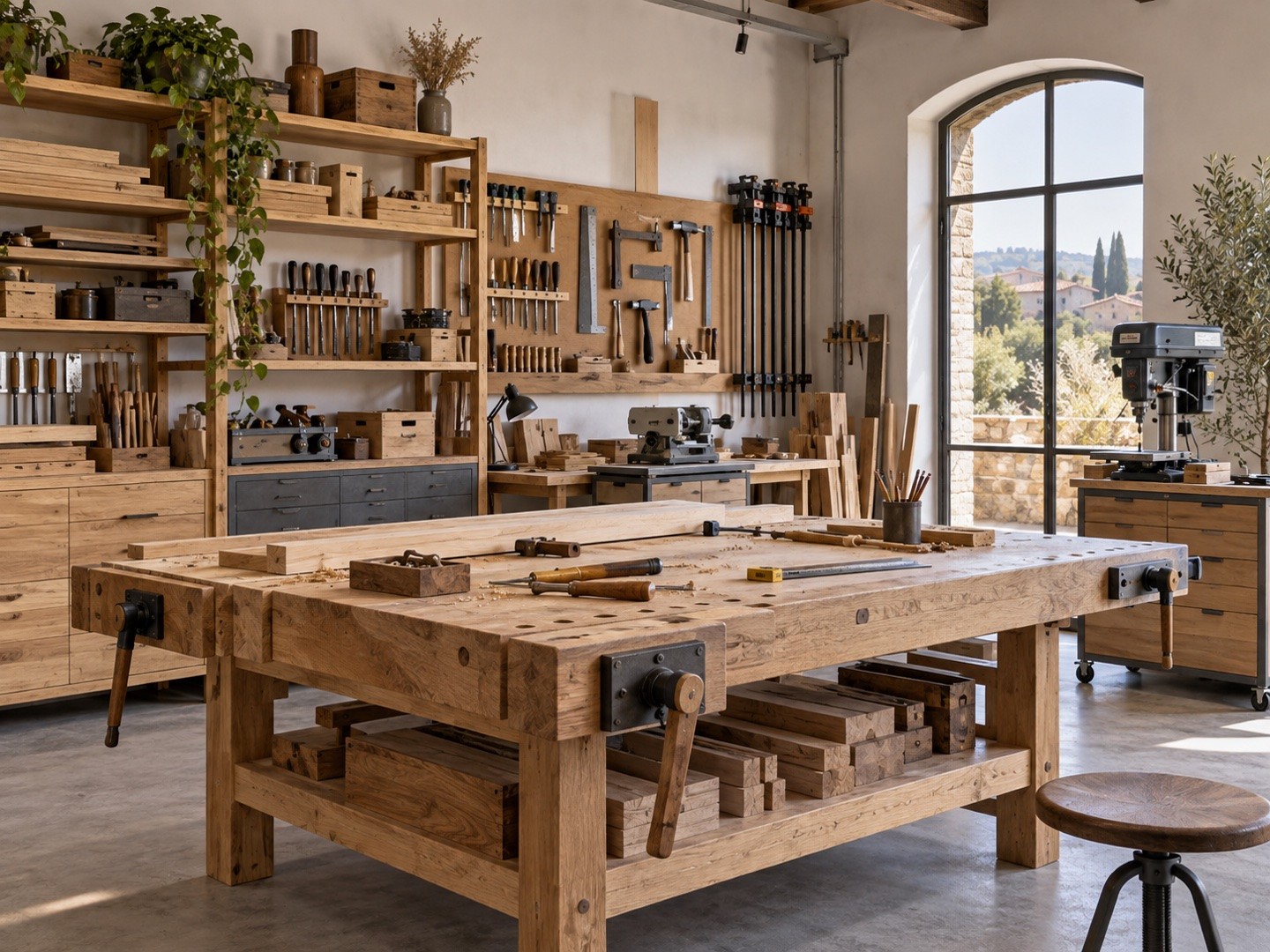 Banco da lavoro, utensili di base per il legno e scaffalature condivise