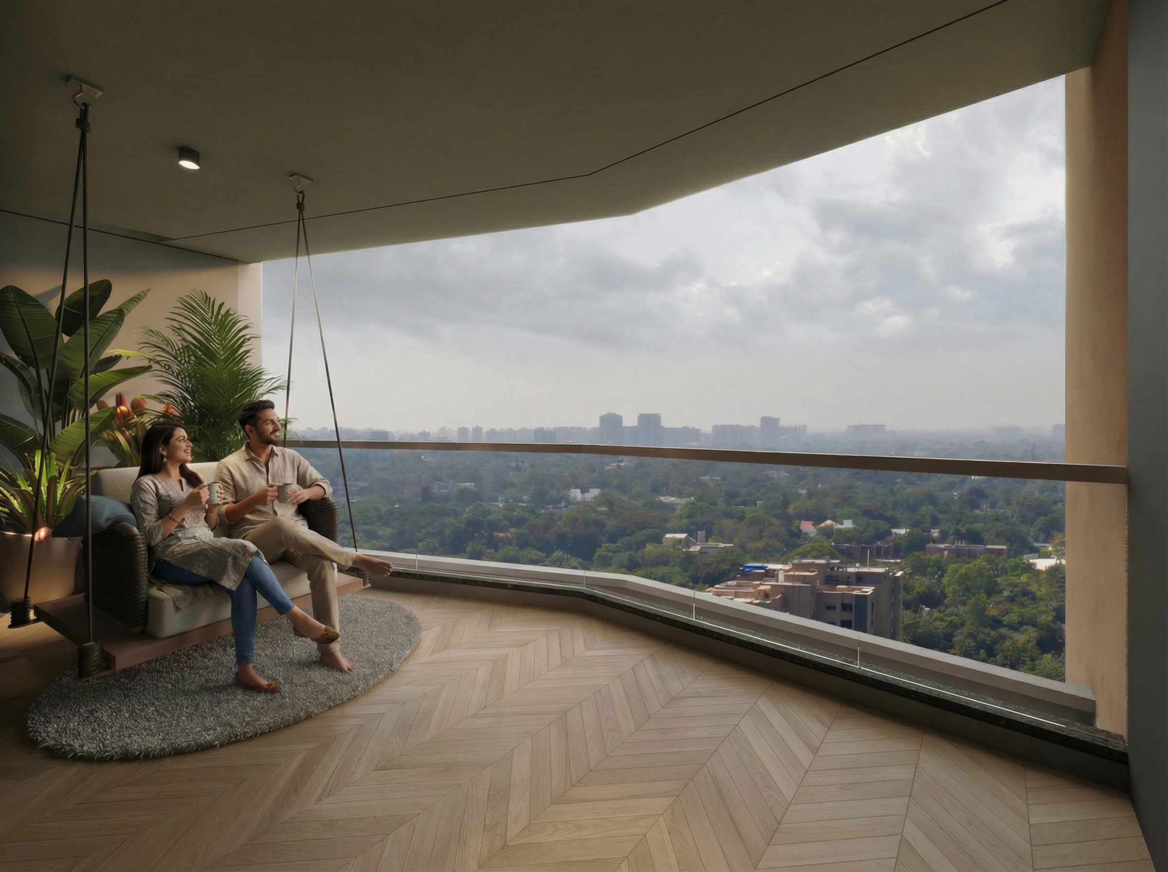 Dining table with chairs by large windows overlooking trees