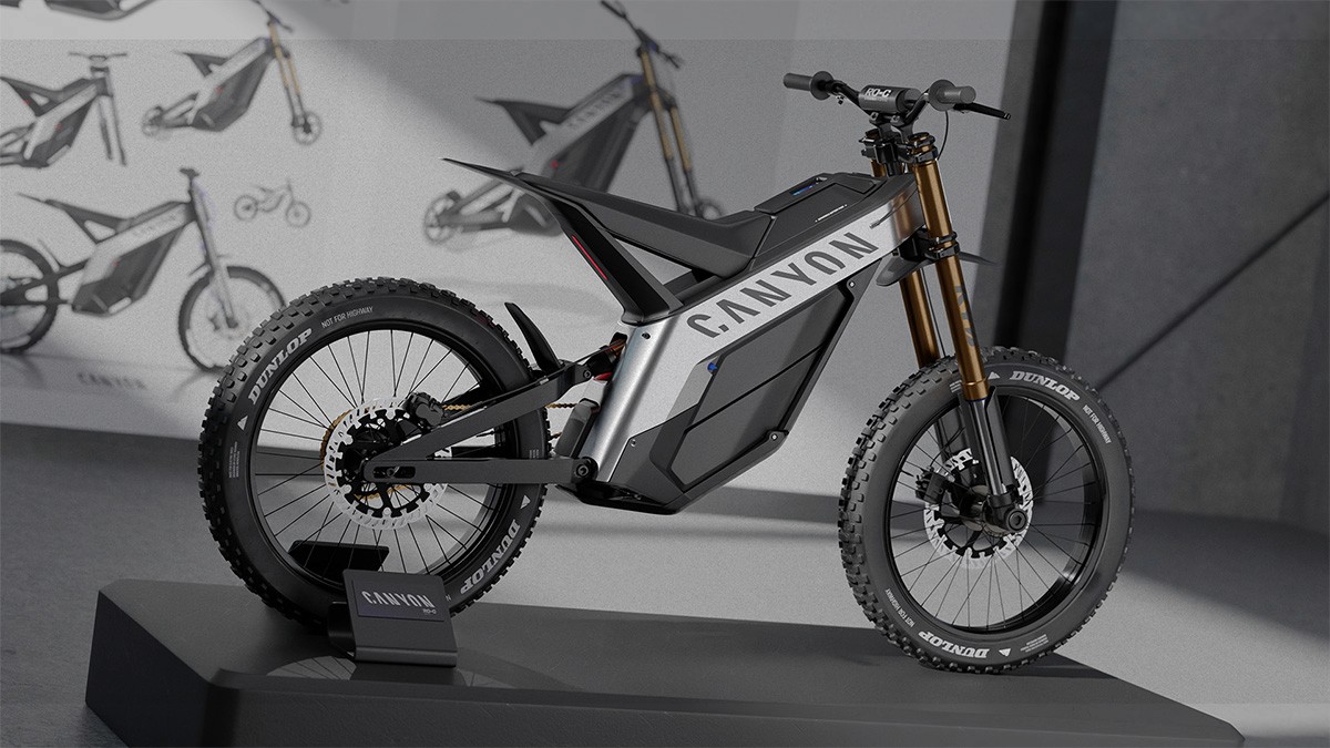 Presentation canyon motorbike concept electric motorcycle off road rouv clay rendering showroom design studio best