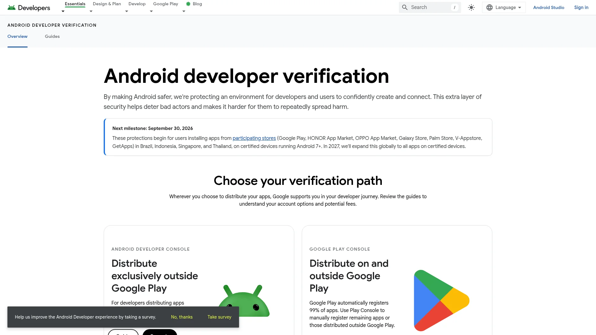 Android developer verification page describing registration requirements for app installs