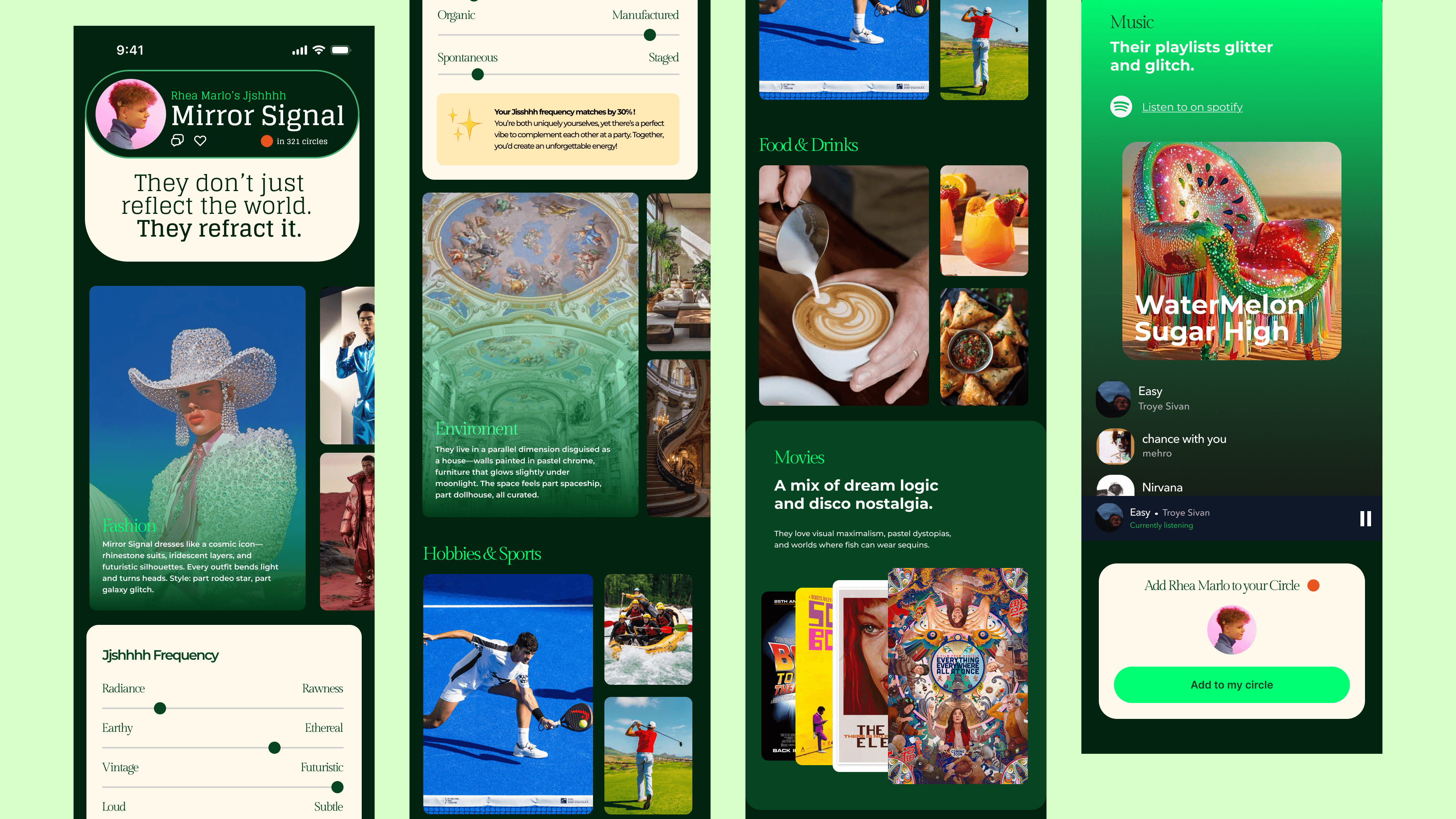 The personal vibe profile, where users can explore their jjsHHHH, connect with others, and see aesthetic compatibility through the Frequency comparison feature.
