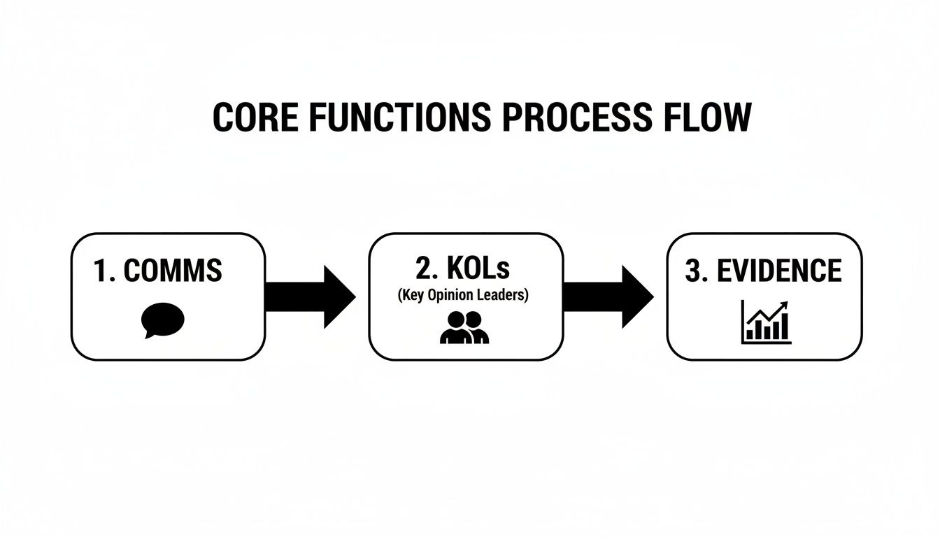 A process flow diagram illustrating core functions: Comms, KOLs (Key Opinion Leaders), and Evidence with icons.