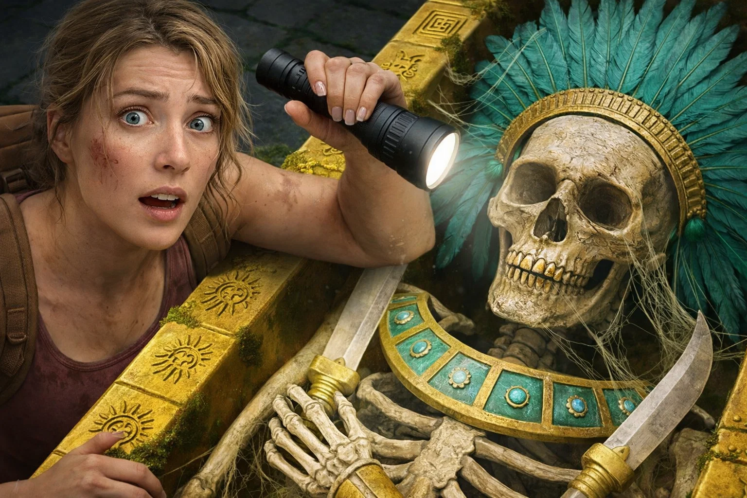 Explorer with flashlight illuminates a skeleton in ancient tomb with gold and turquoise