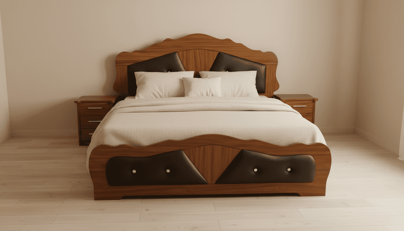 a gray couch with a wooden base on a gray background