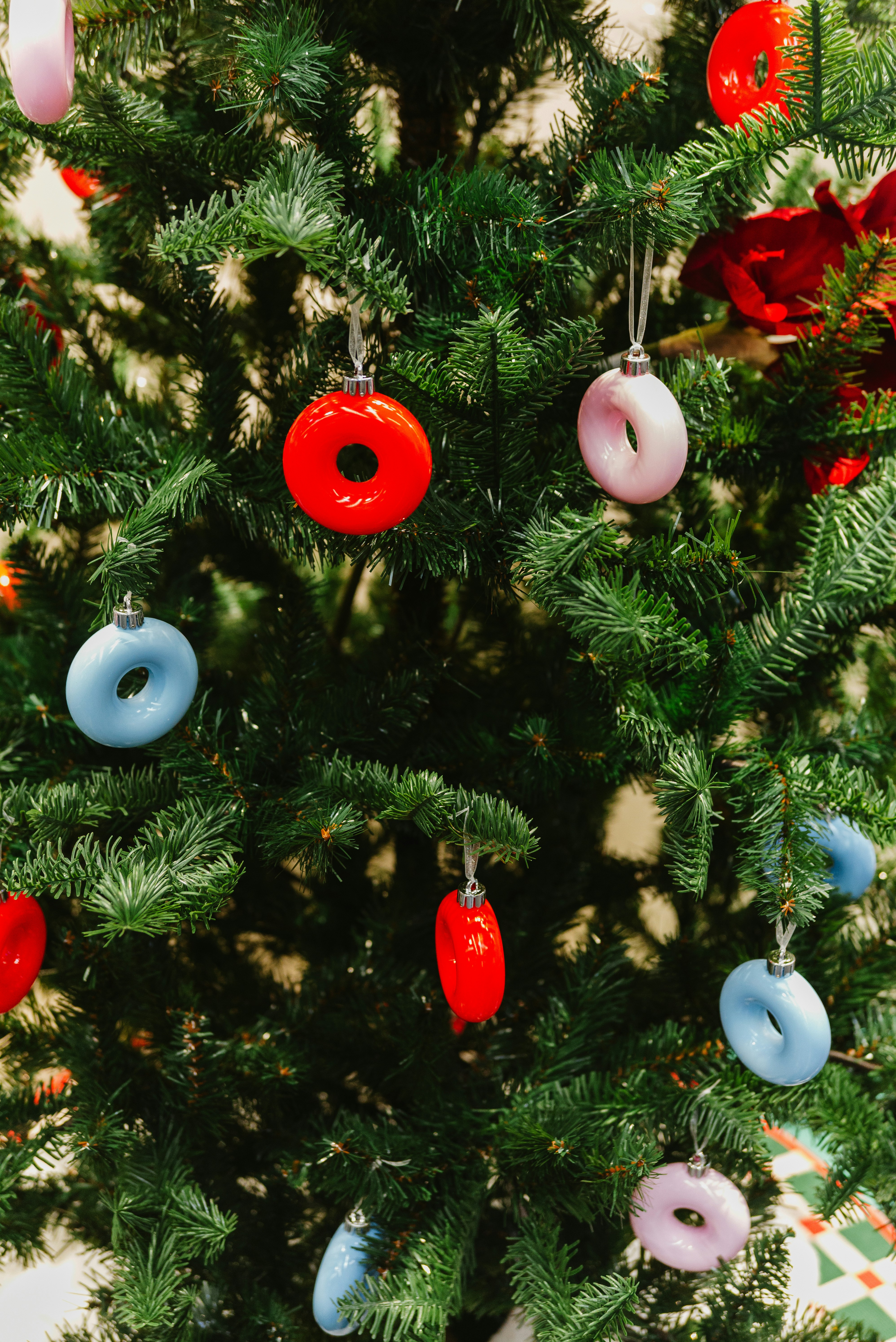 Christmas tree decorated with donut ornaments