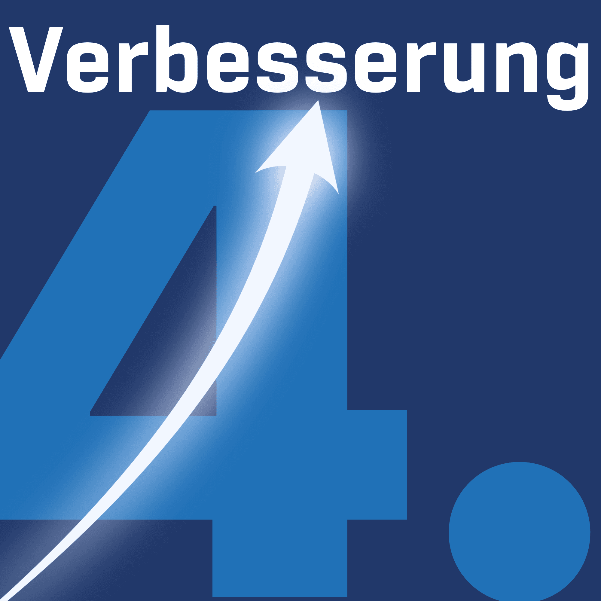 Infografik zur Phase 4 „Verbesserung“: Groß dargestellte Ziffer „4.“ vor blauem Hintergrund. Ein weißer Pfeil im Vordergrund zeigt steil nach oben und symbolisiert Optimierung und Wachstum.