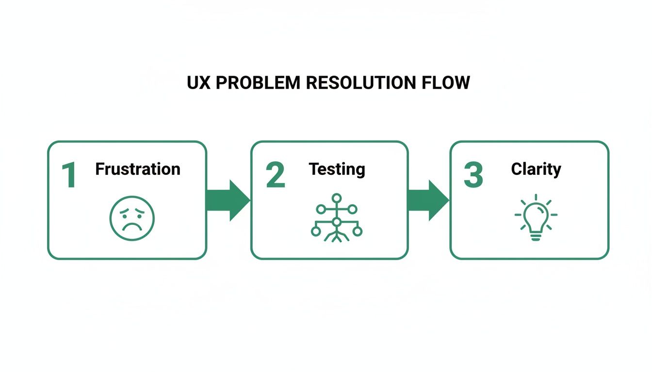 Diagram illustrating a UX problem resolution flow: frustration leads to testing, which leads to clarity.