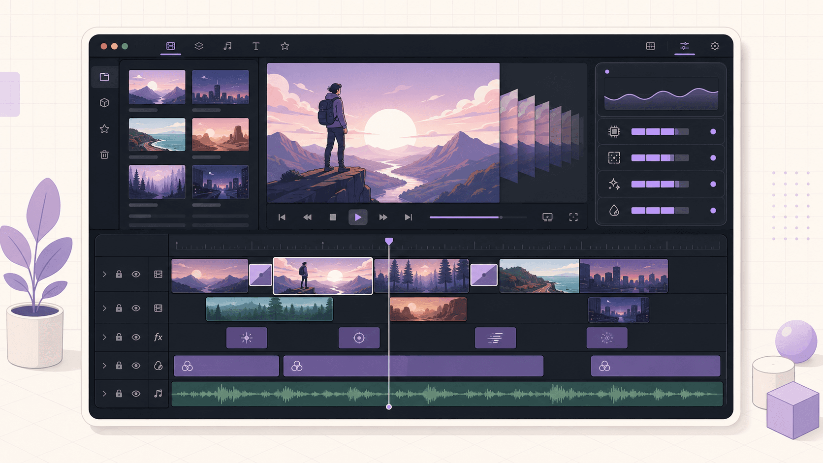 Organized DaVinci Resolve project with media bins, layered timelines, effects, audio tracks, preview controls, and performance monitoring.