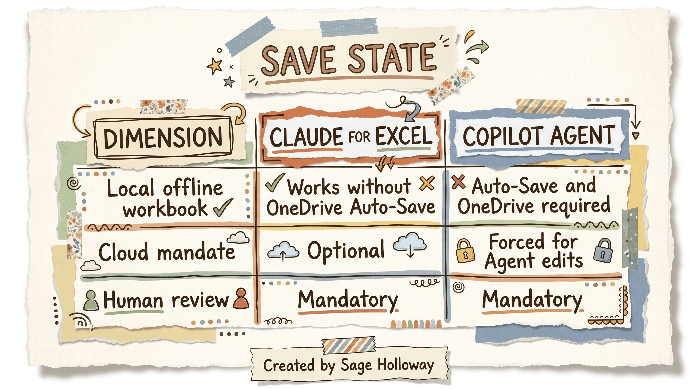 Table comparing Claude for Excel local file control versus Copilot OneDrive Auto-Save