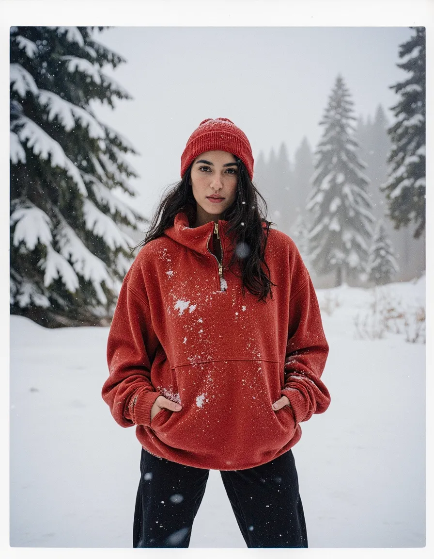 Woman in red fleece pullover and beanie standing in snowy forest with evergreen trees during winter snowfall