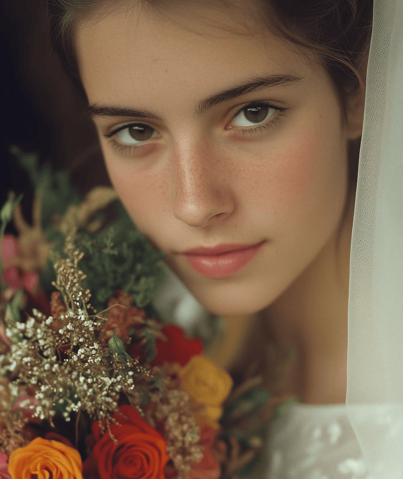 Soft portrait of a bride with subtle freckles behind a floral arrangement.