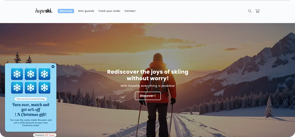 Seasonal Christmas exit-intent popup by HopeSki built with Claspo using a memory card game to offer a 10% discount and increase holiday conversion rates
