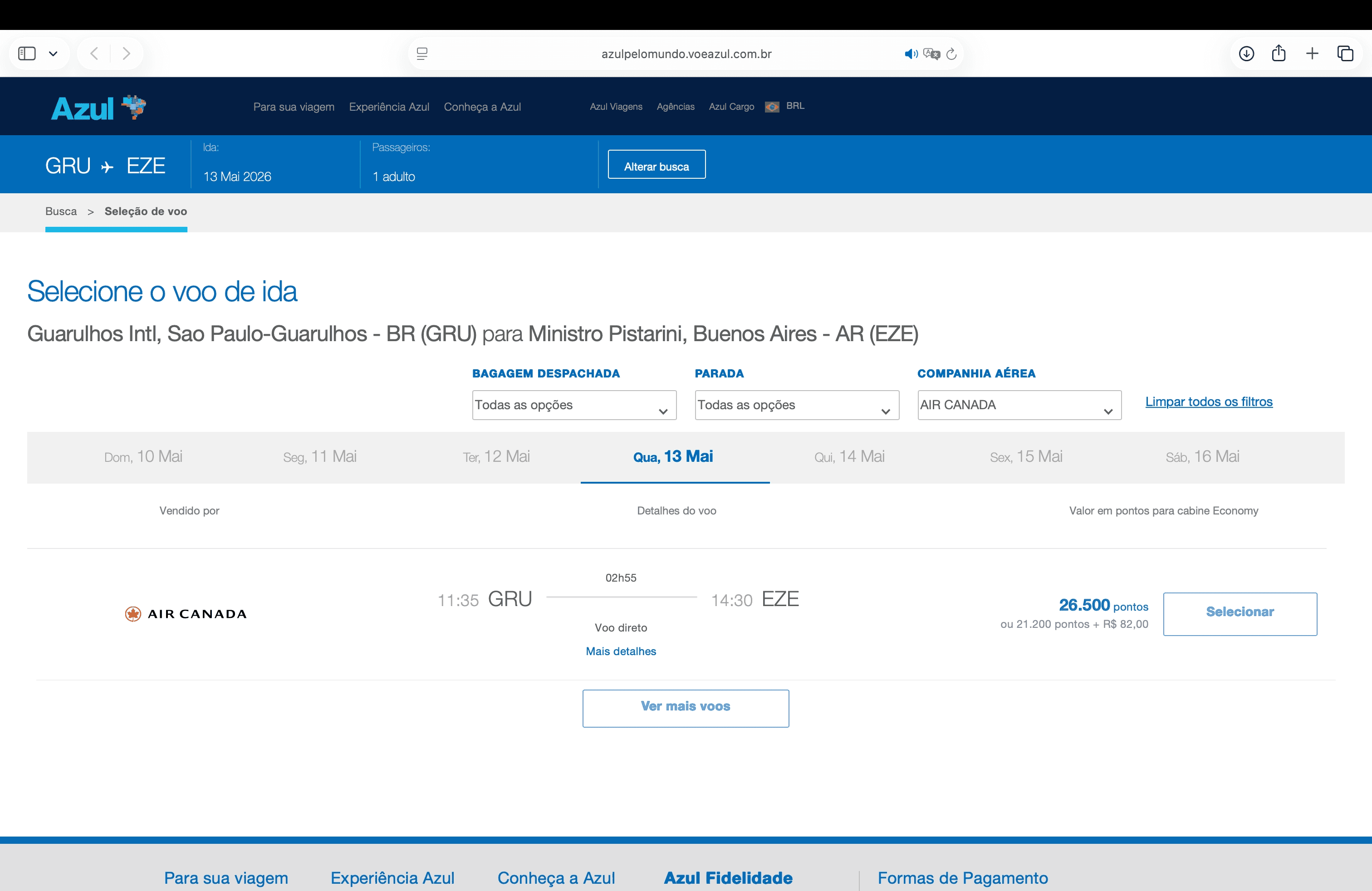 Busca de passagem no site da Azul mostrando voo de São Paulo para Buenos Aires por 26.500 pontos, exemplo de emissão com pontos acumulados.