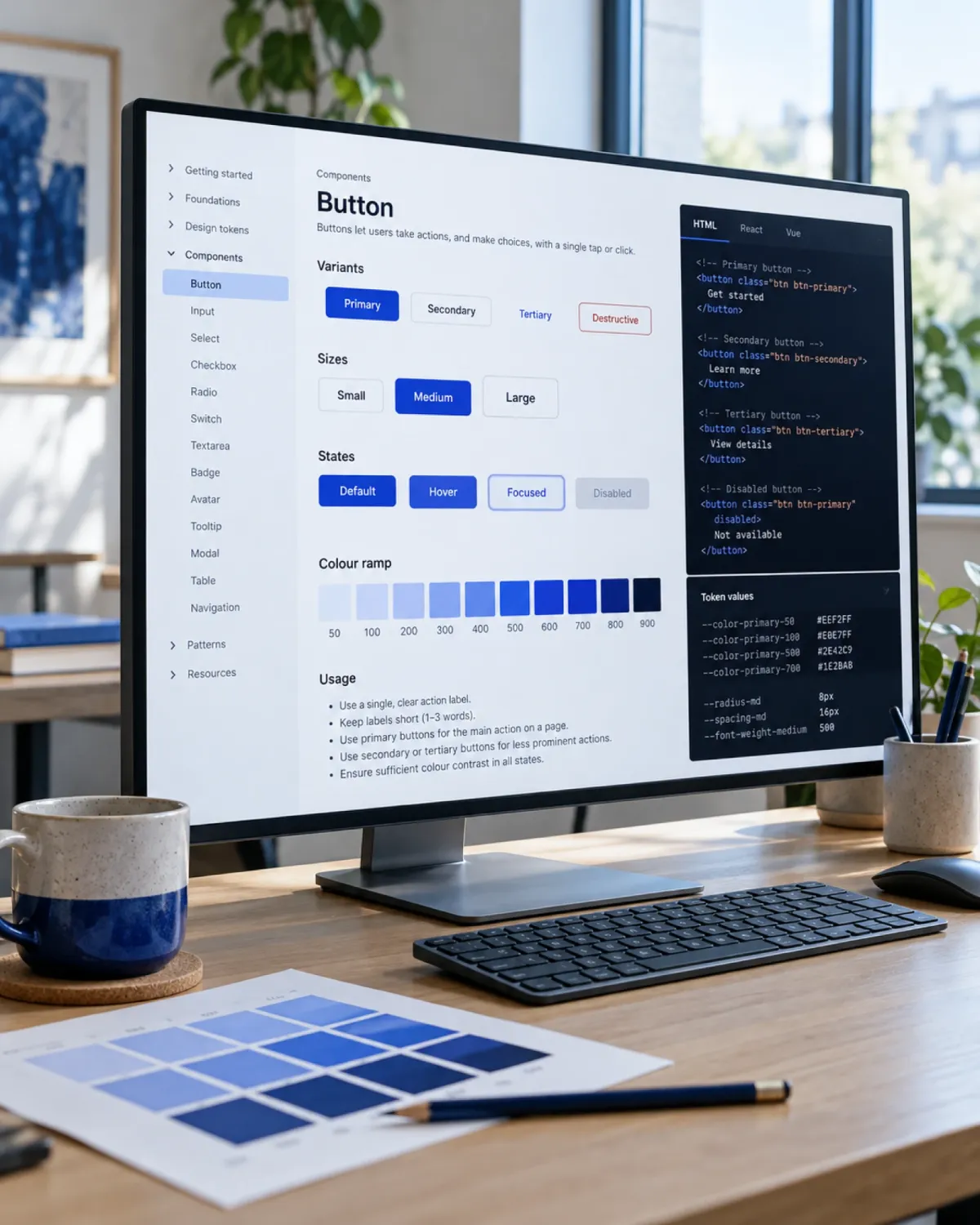 Oribi’s documentation site on a desk monitor: the Button page with its variants, sizes, states, colour ramp and code.