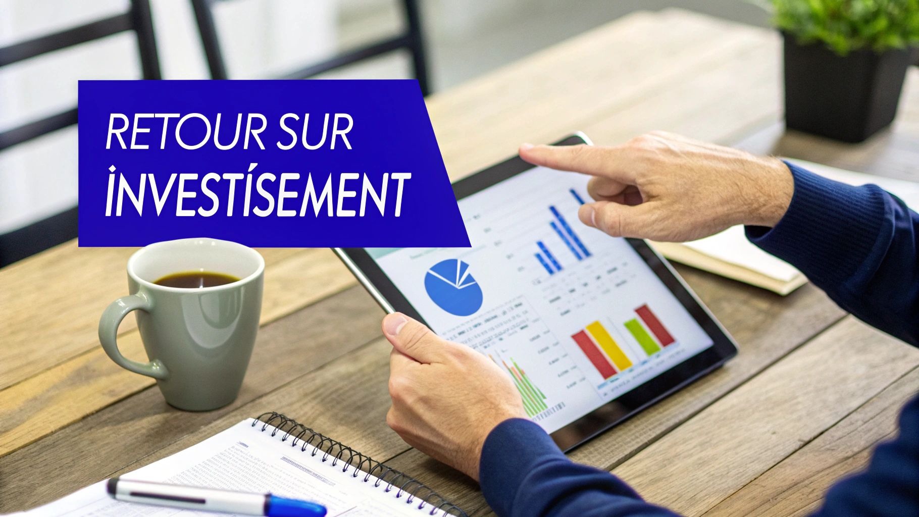 Une personne consultant des graphiques financiers sur une tablette, avec le texte 'RETOUR SUR INVESTISSEMENT' affiché en surimpression.
