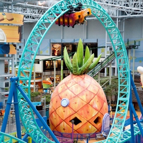 一座巨型菠蘿屋，內有綠色葉子，位於室內遊樂園內，周圍是一條青色的過山車迴圈。