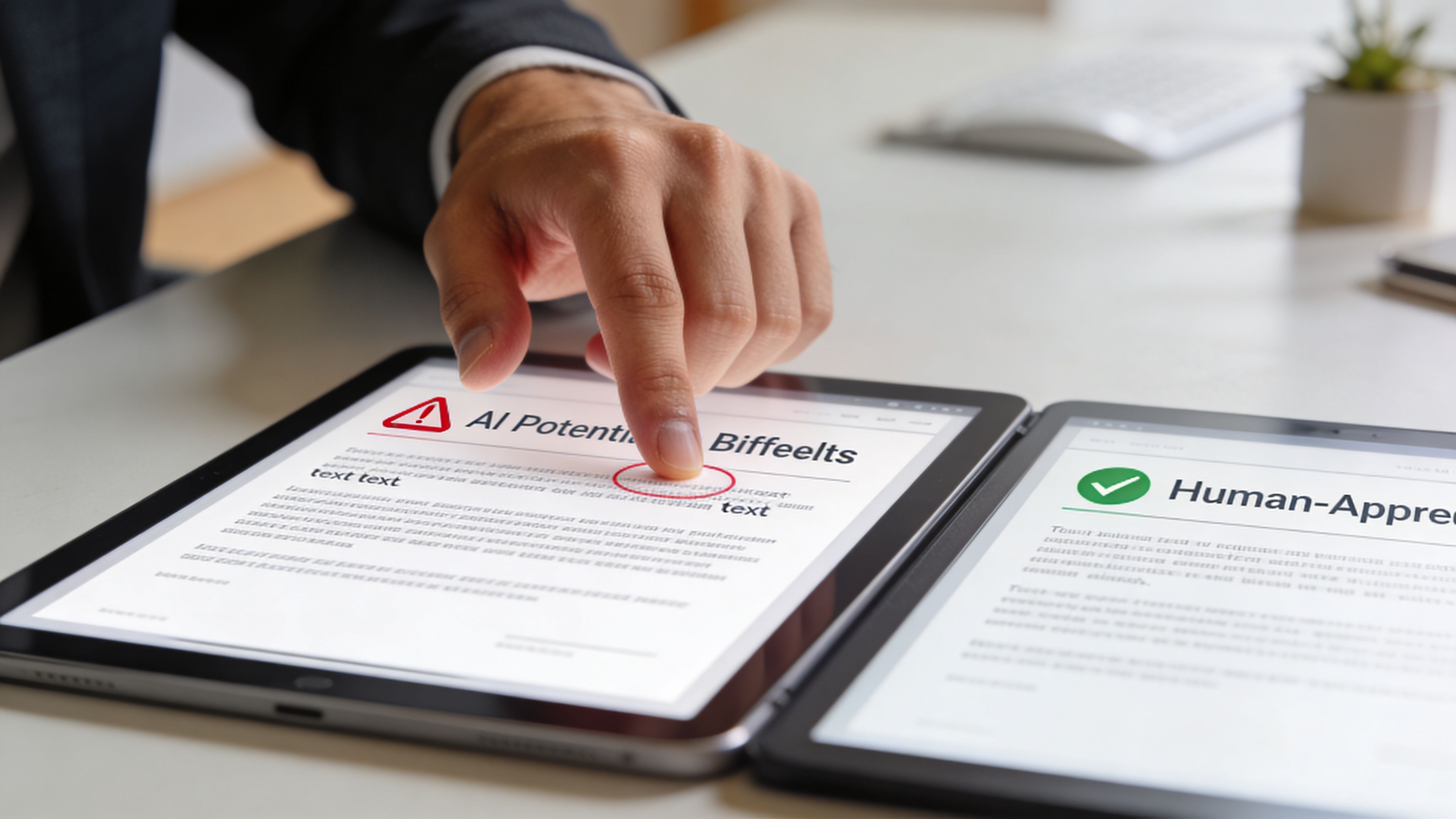 Ein Geschäftsmann berührt ein Tablet, das potenzielle Fehler in einem KI-generierten Text markiert hat.
