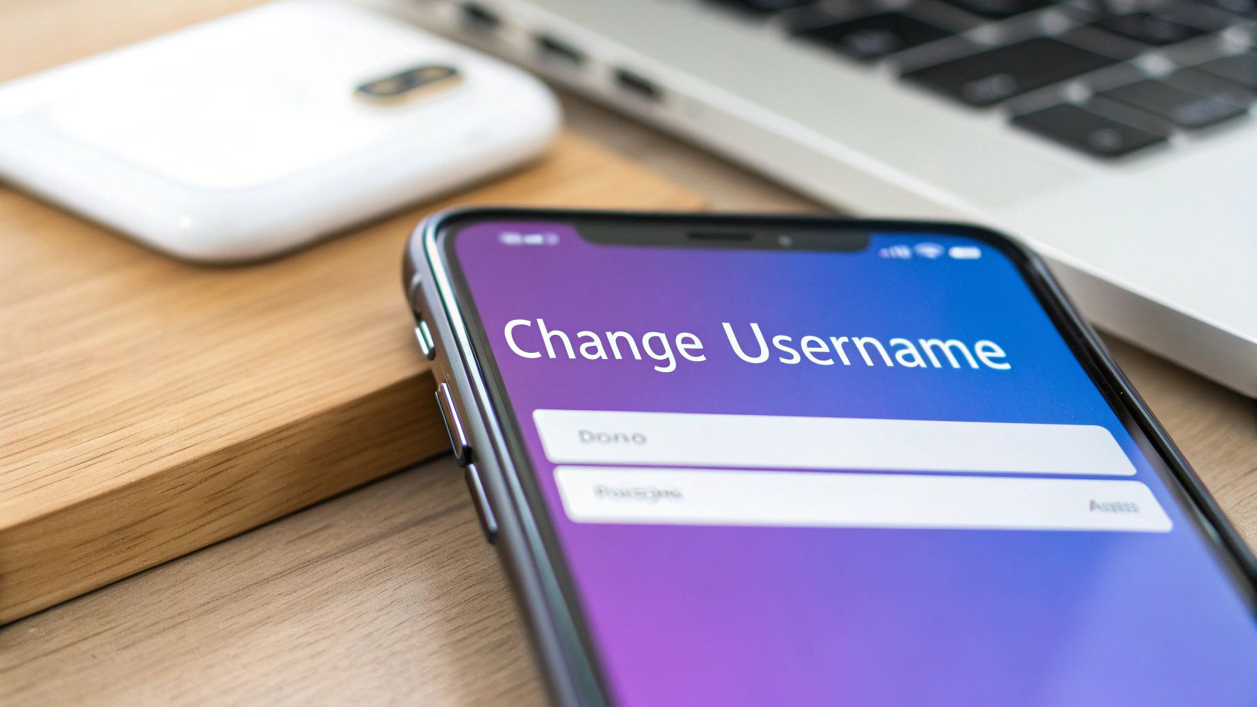 Smartphone displaying 'Change Username' interface with input fields on a wooden table, next to a laptop.