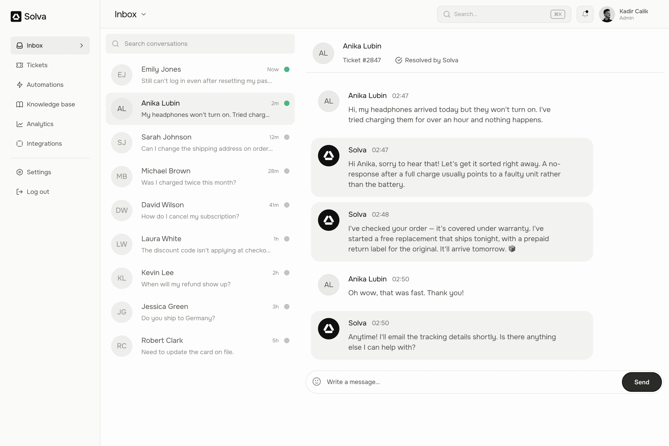 Solva automatically resolving a customer ticket