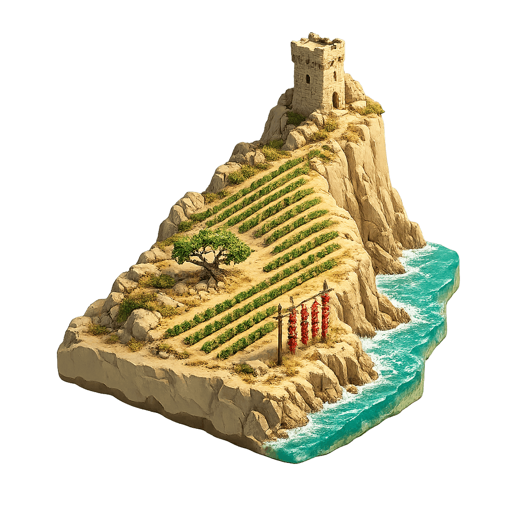 Artistic illustration of the Calabria wine region.