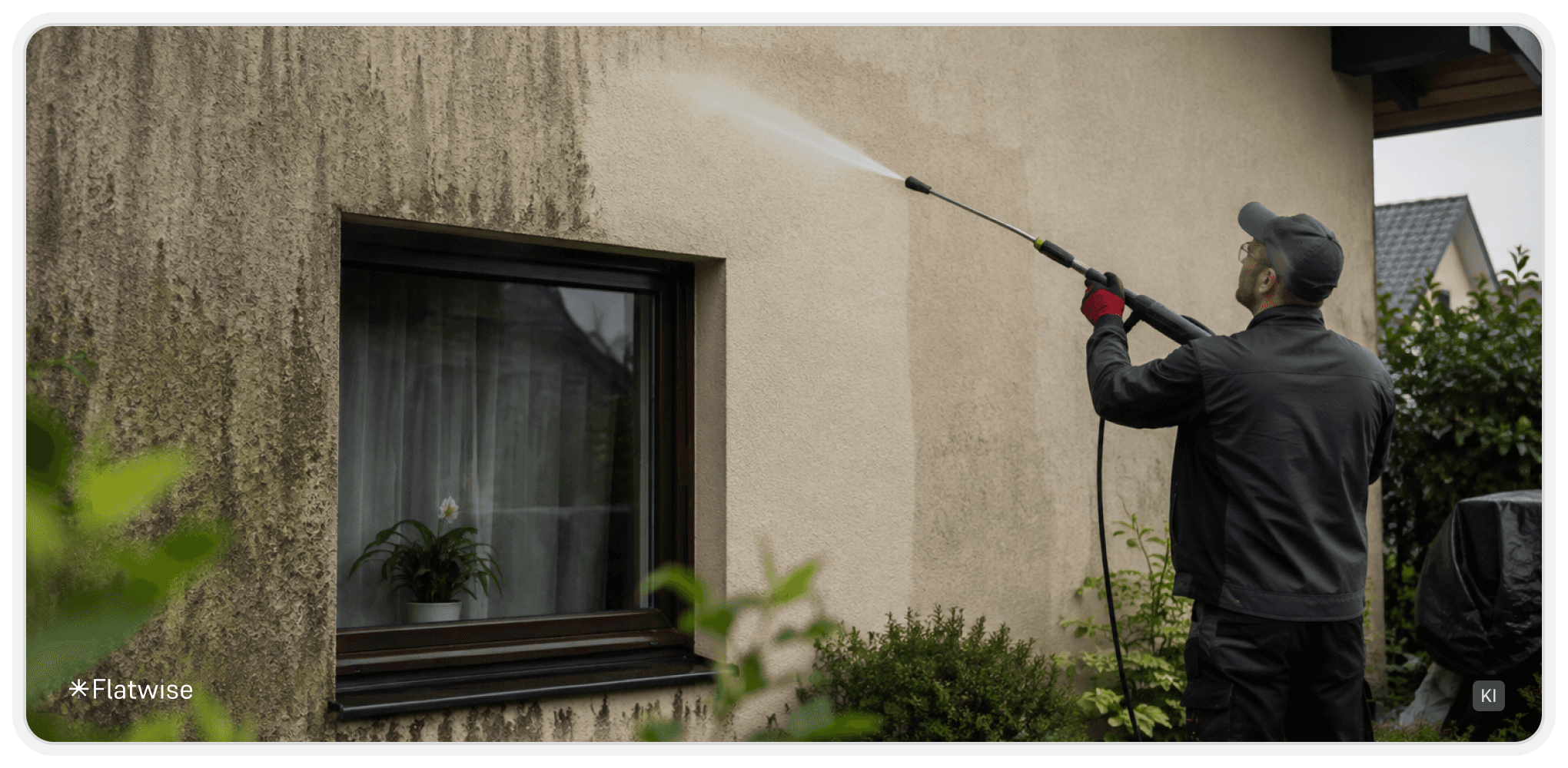 Fachkraft reinigt die Fassade eines Einfamilienhauses mit einem Hochdruckreiniger und entfernt Algen, Schmutz sowie Verfärbungen vom Außenputz. KI-generiertes Bild