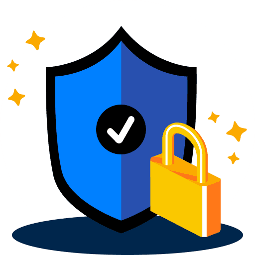 Illustration eines blauen Schilds mit einem weißen Häkchen und einem gelben Vorhängeschloss, das starke Sicherheit und Vertrauen in die Dienste von bunq symbolisiert.