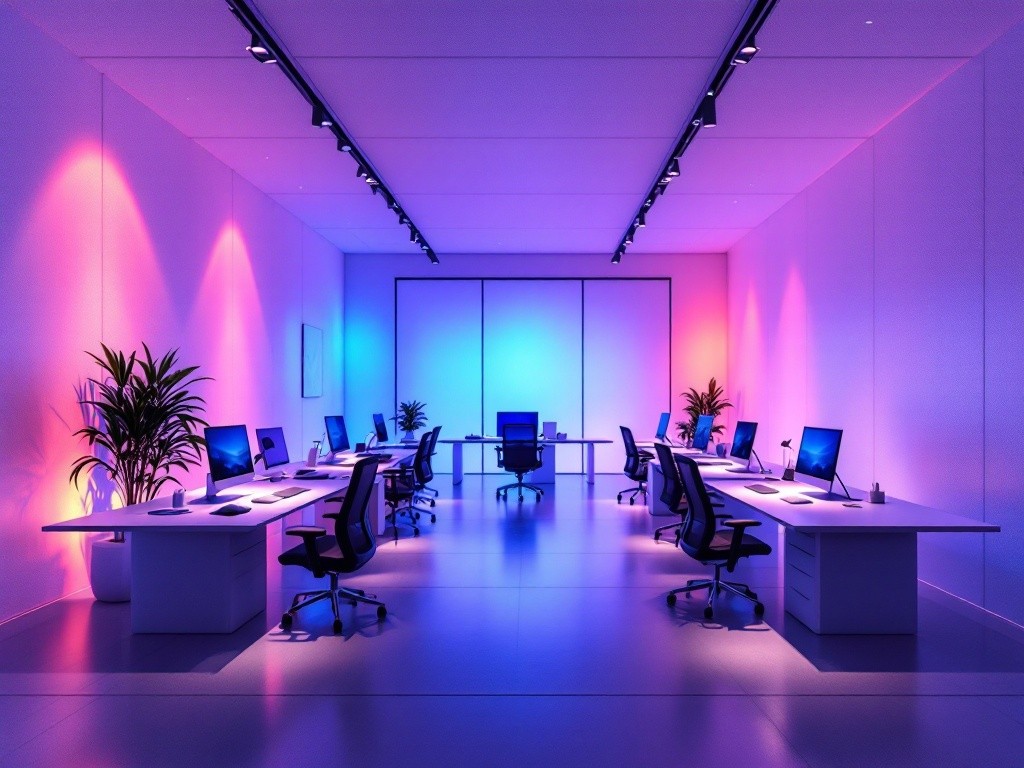 A modern office with colorful lighting and desks with computers