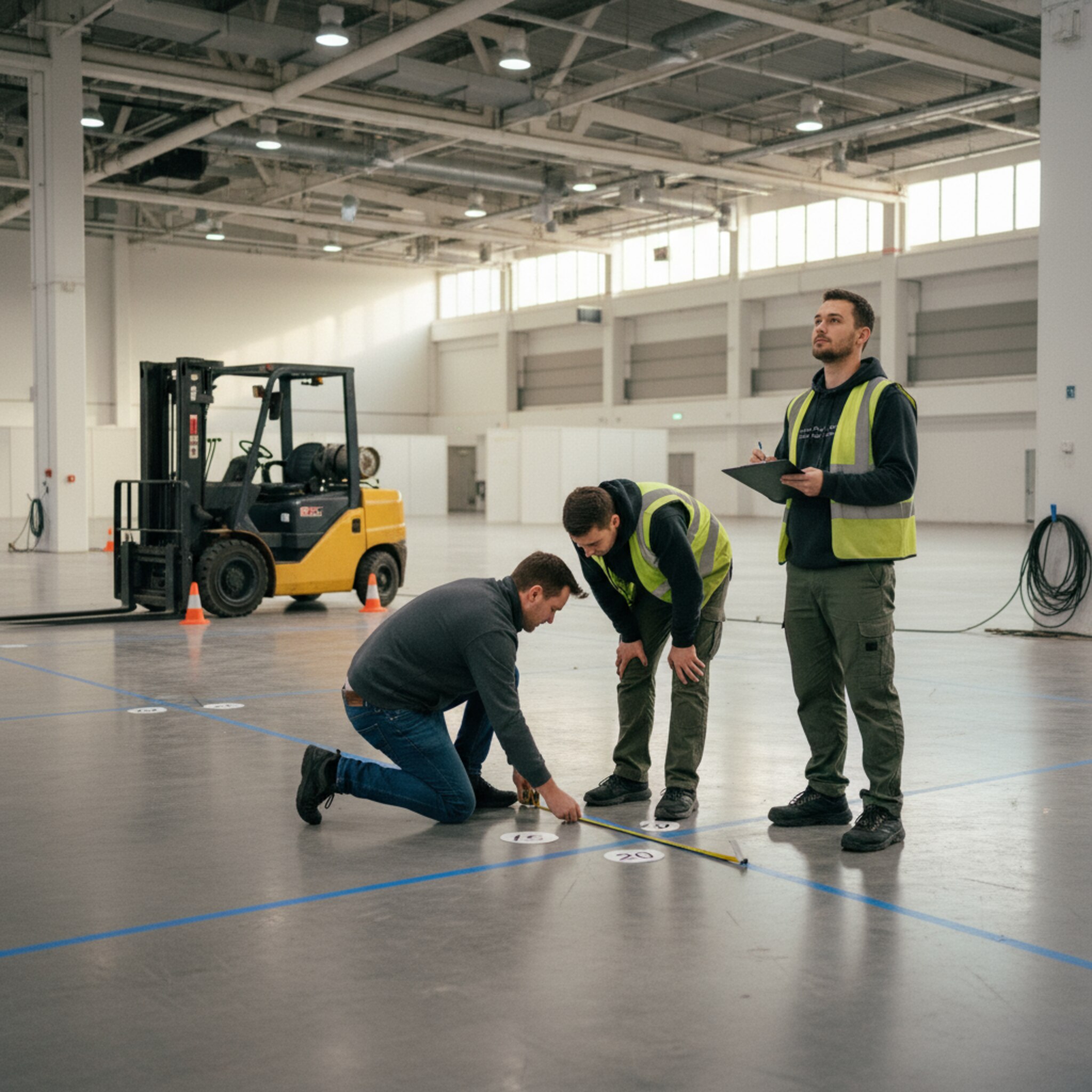 Früh am Morgen liegt eine leere Messehalle im klaren Licht der Deckenstrahler. Markierte Grundrisse und nummerierte Schilder zeigen mögliche Standflächen auf dem Betonboden. Ein Team misst mit einem Bandmaß eine Ecke sorgfältig nach. Ein Stapler wartet am Rand für die ersten Anlieferungen.