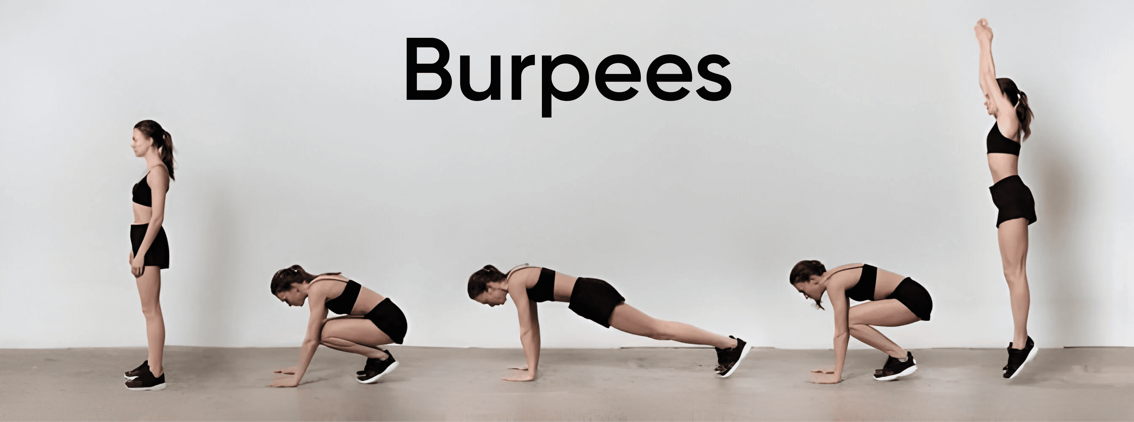 Woman demonstrating burpees exercise step-by-step