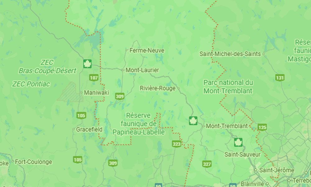 Carte montrant la zone des Laurentides étant desservie par B2Web, experts en conception de sites web au Québec