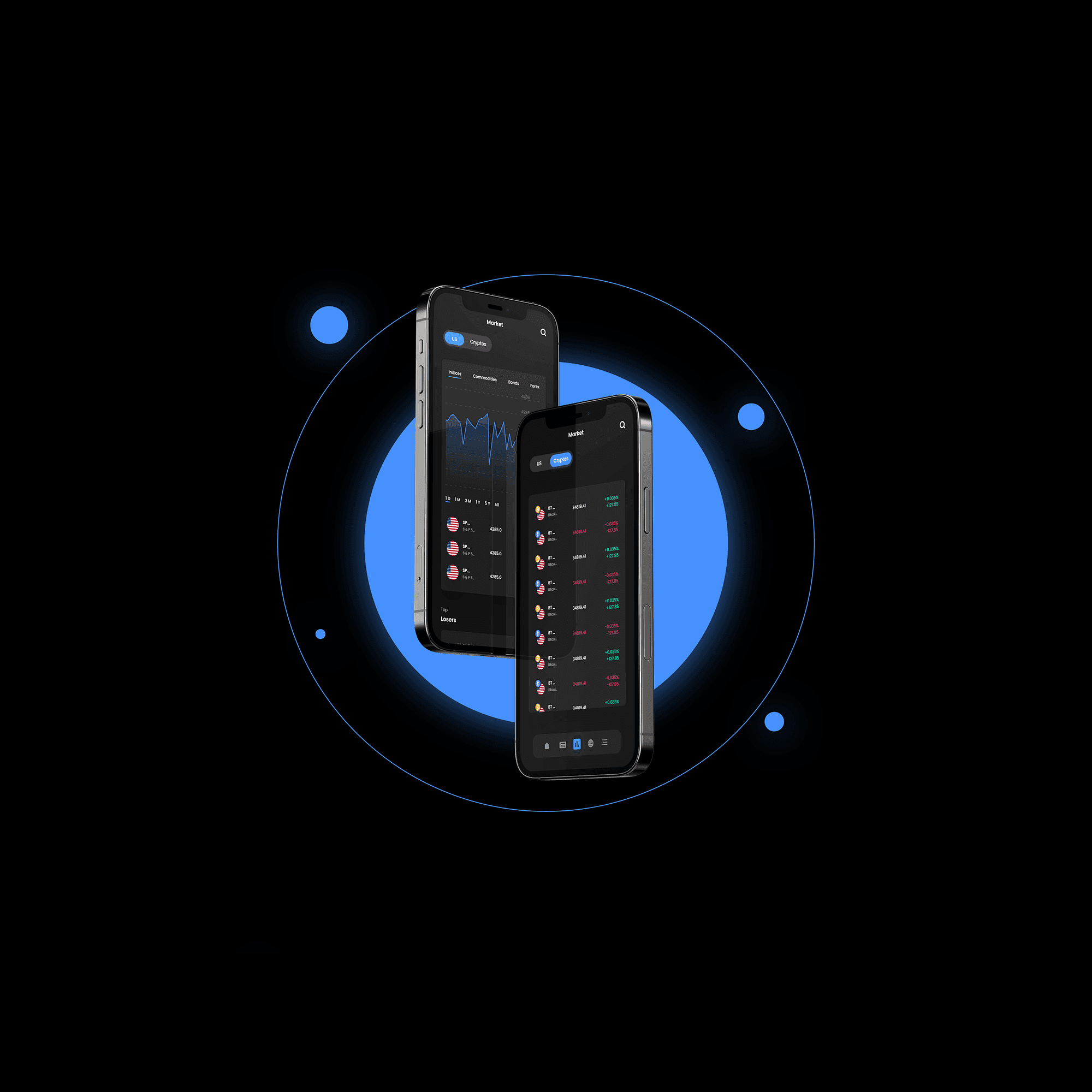 Fintech mobile app UI/UX design with dark theme for tracking cryptocurrencies and investments.