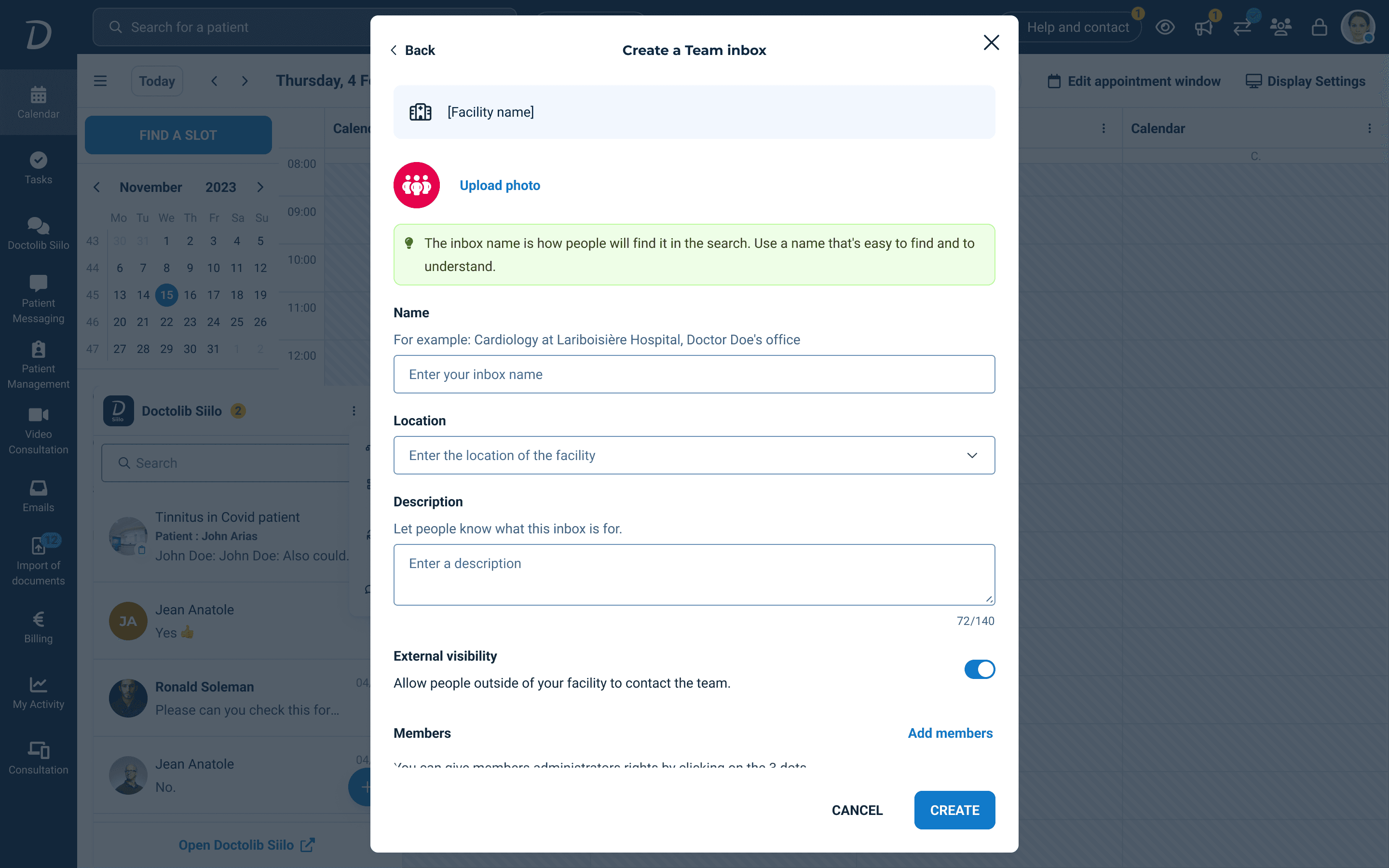 Doctolib Connect Team inbox creation form (Desktop)