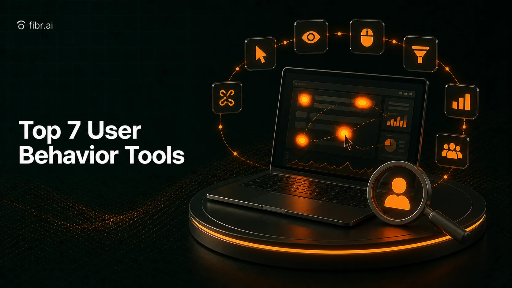 User behavior analytics visualization showing a laptop dashboard tracking interactions, clicks, and engagement patterns, surrounded by tools analyzing user journeys to improve performance.