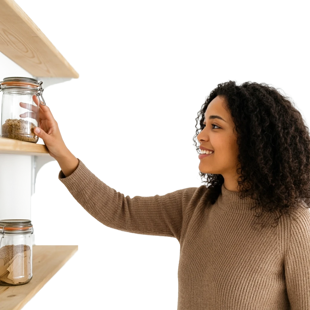 A woman reaching for an item on a shelf
