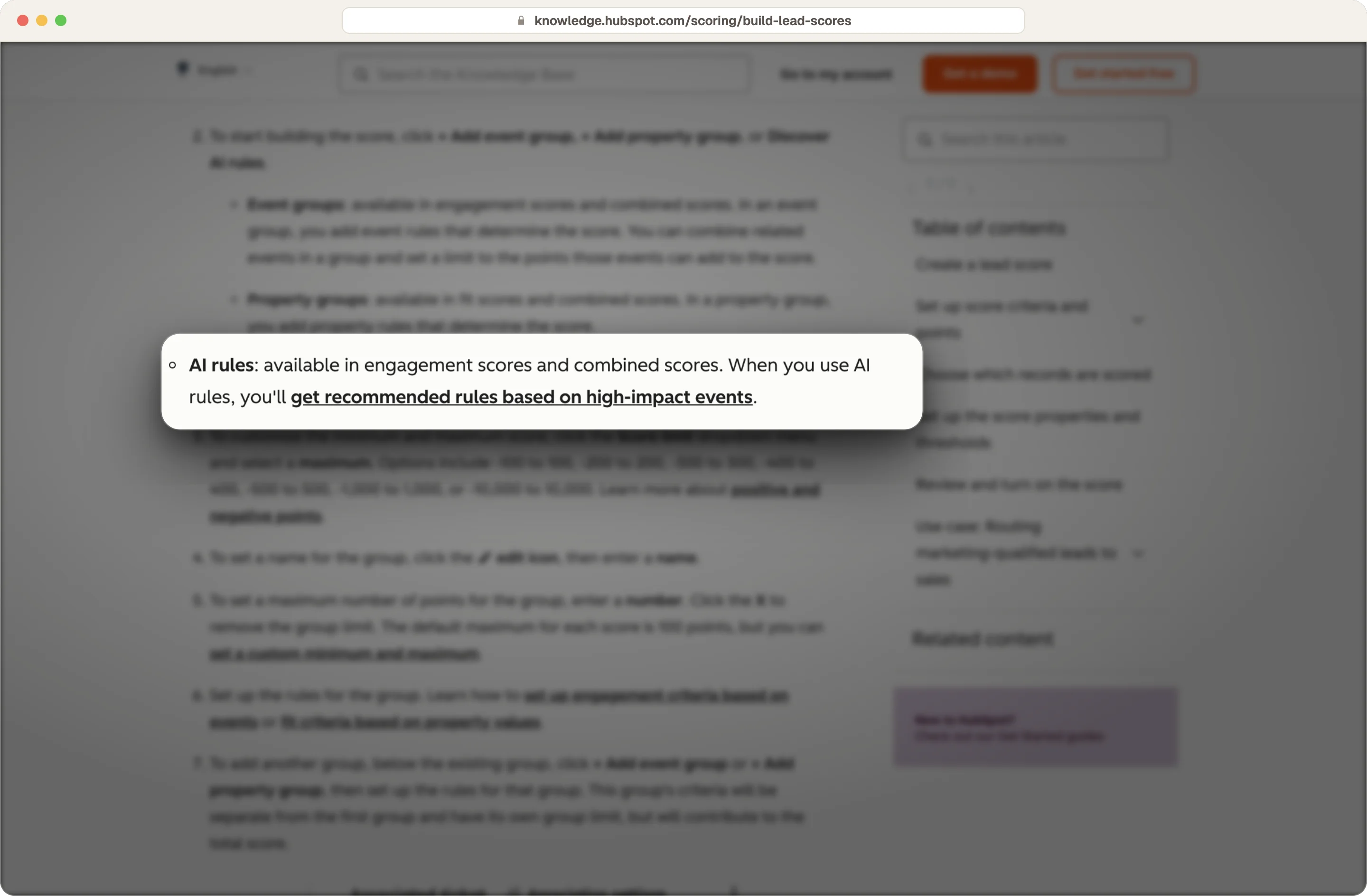 HubSpot knowledge base describing AI rules that recommend scoring criteria based on high-impact events, highlighted