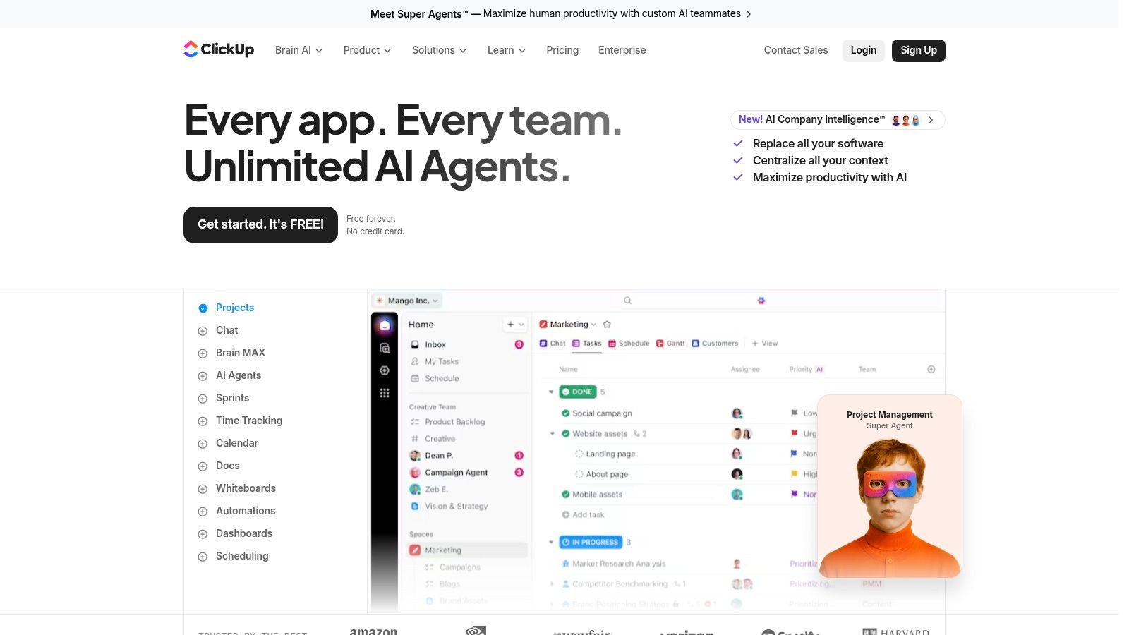 ClickUp app interface showing AI agents and features on a desktop.