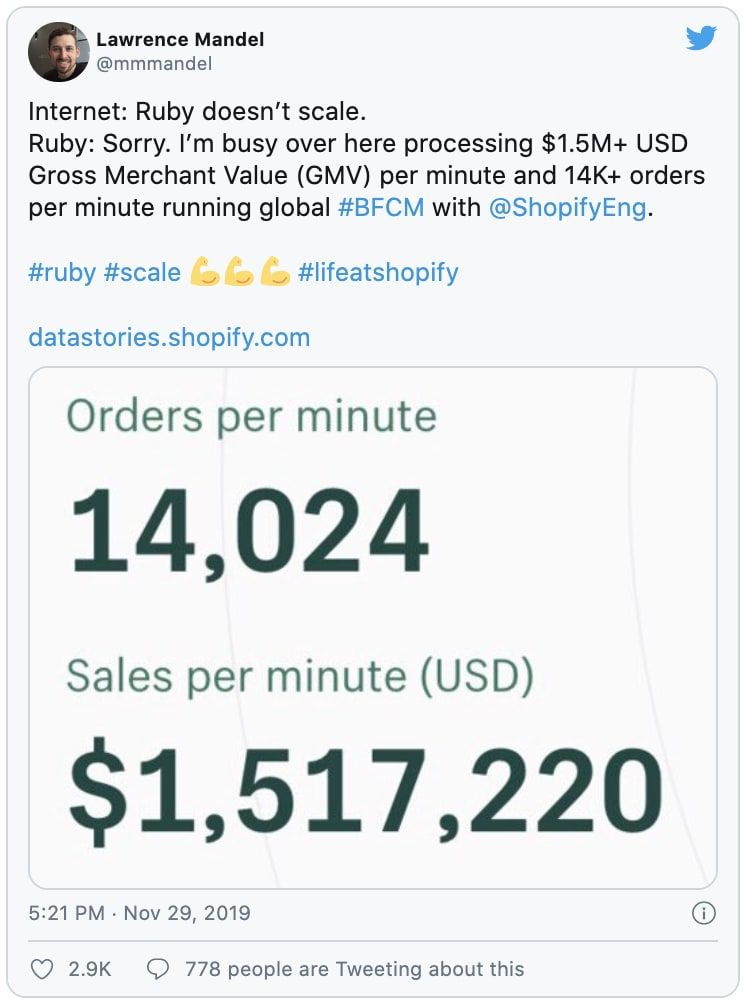 A tweet for Lawrence Mandel about Ruby performance.