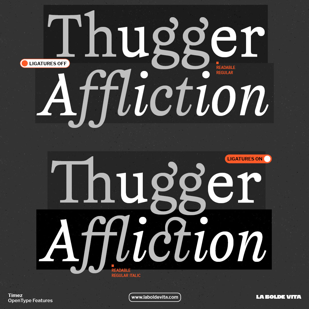 a direct comparison of sample words with and without standard ligatures applied set in Timez Readable