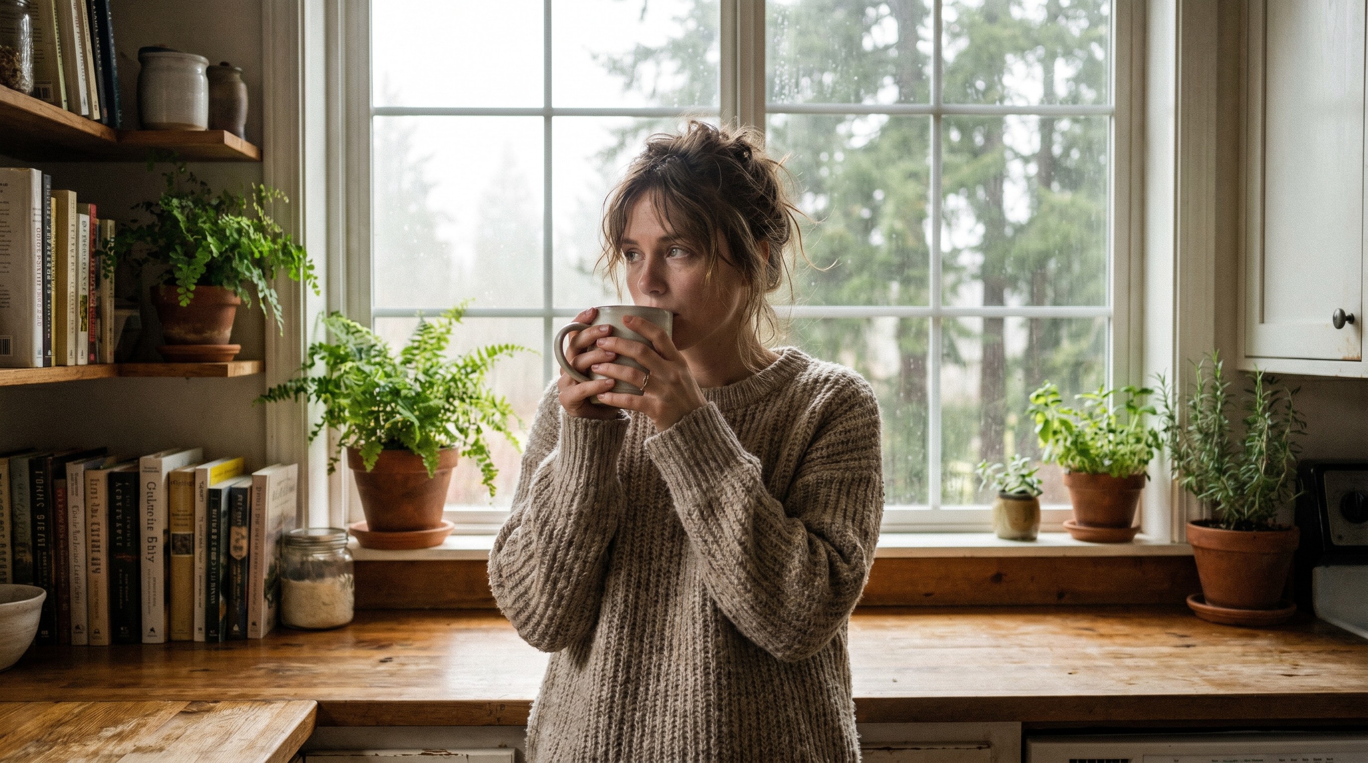 Woman at sunlit kitchen window holding coffee and gently touching her jaw in thought