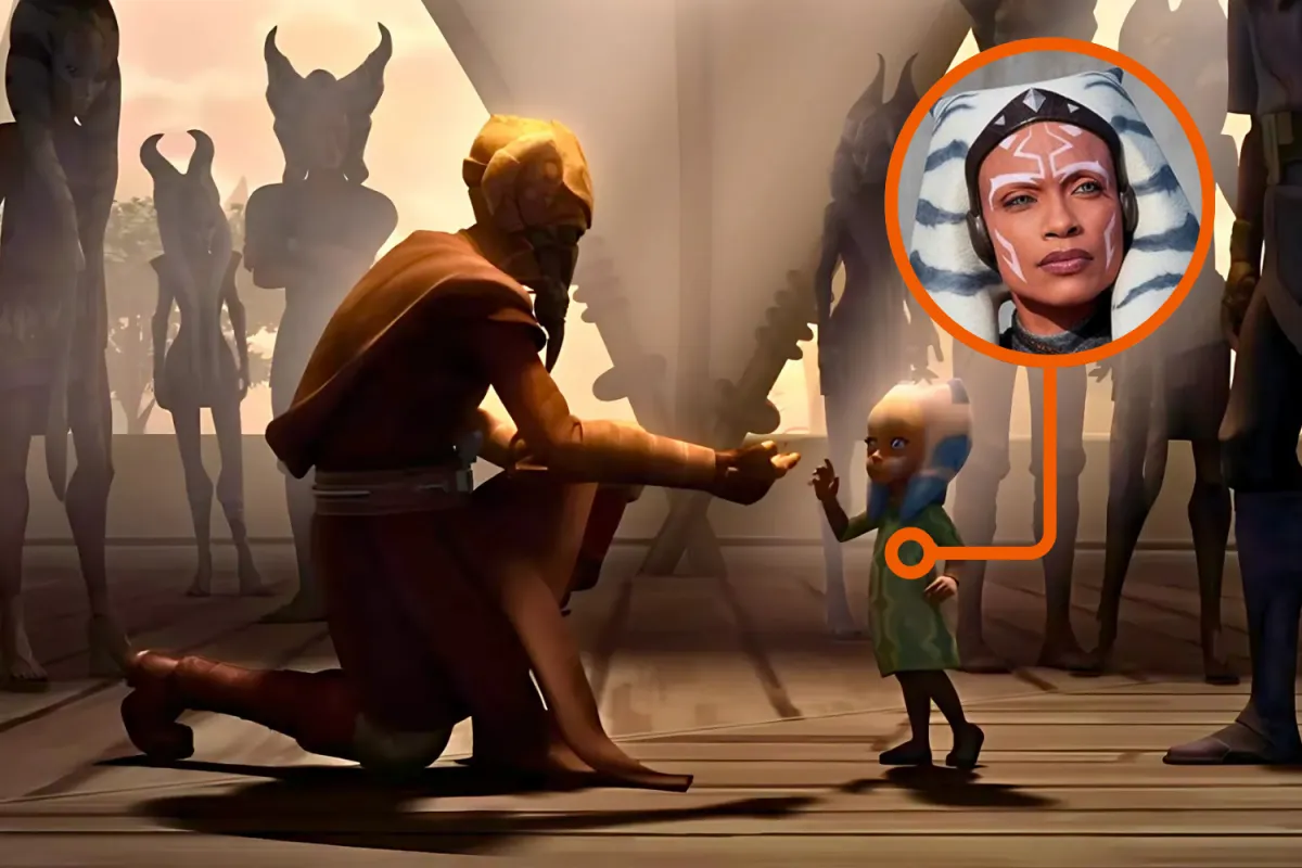 Jedi Master Plo Koon kneels and extends his hand to a young Ahsoka Tano on her home planet of Shili, recognizing her Force sensitivity. The scene is bathed in warm light as Togruta villagers watch in the background. An inset highlights an older Ahsoka, played by Rosario Dawson in The Mandalorian, emphasizing her journey from Padawan to Jedi warrior.